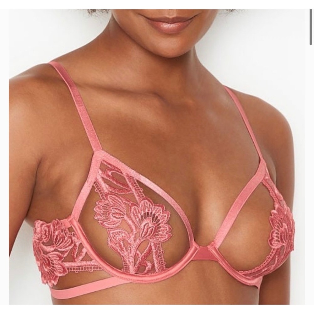 Victoria's Secret Womens Pink Floral‎ Embroidered Strappy Very Sexy Demi Bra 34B